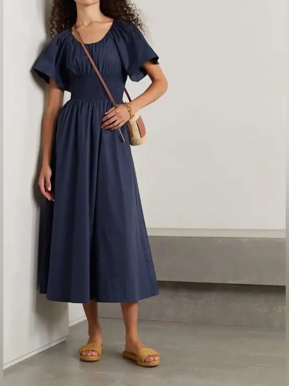 La Ligne Navy Smocked-Waist Midi Dress